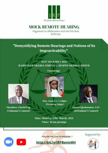 [REGISTER] Edo State Judiciary To Hold Virtual Mock Hearing In Collaboration With Justice Reform Project