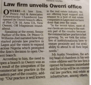 Possible Ethical Violation As Lagos Based Law Firm Advertises New Branch In Newspaper