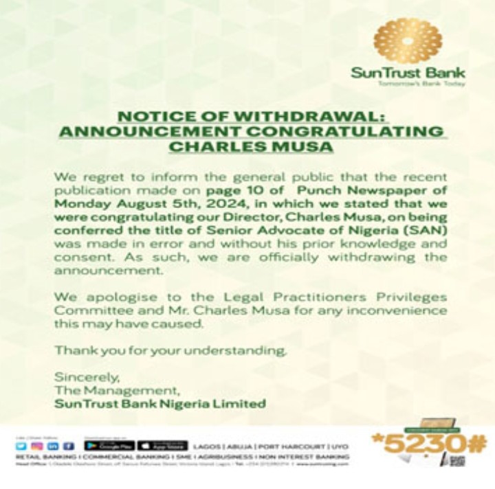 Firm apologies to LPPC for publication congratulating Charles Musa, SAN designate